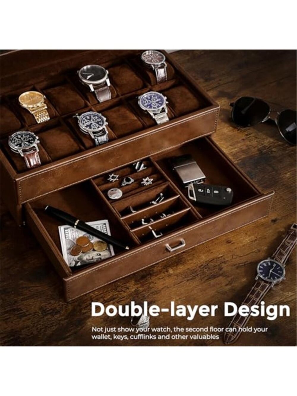 Watch Box 12-Slot, Watch Case with Large Glass Lid | 2-Layer Mens - Picture 5 of 6